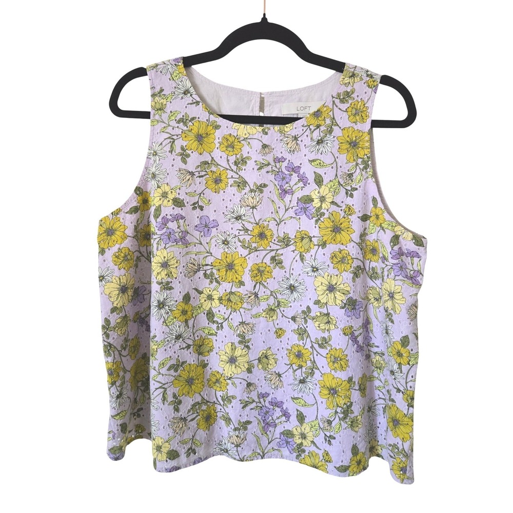 LOFT L Eyelet Peplum Tank Women Lavender Yellow Floral Sleeveless Cotton Top